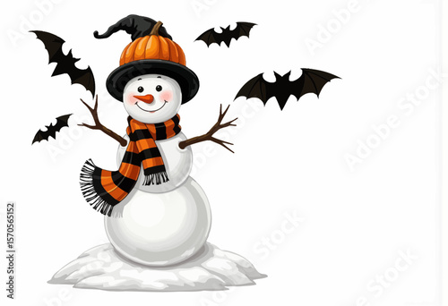 Snowman wearing pumpkin hat and scarf with bats flying around  