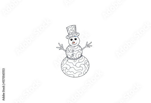 Outline of a cheerful snowman wearing a hat and bow tie  
