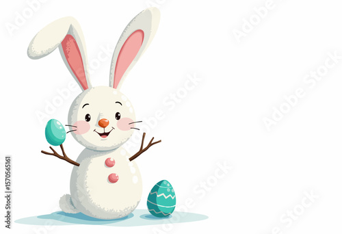 Cute cartoon rabbit holding Easter egg and smiling happily  