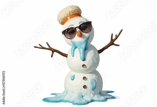 Melting snowman wearing sunglasses with blue ice cream drip  