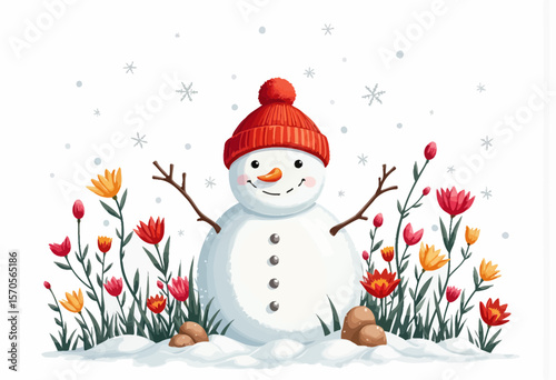 Cheerful snowman wearing red hat surrounded by colorful flowers in winter  