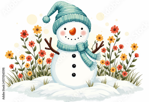 Happy snowman wearing a hat and scarf surrounded by flowers  