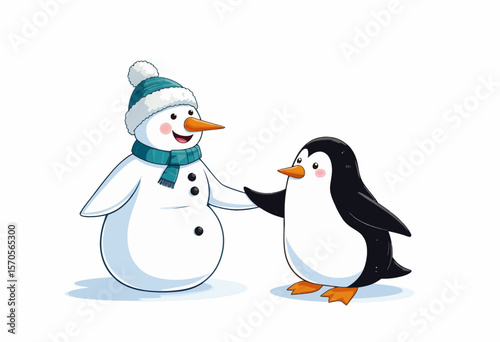 Cheerful snowman wearing hat and scarf with friendly penguin  