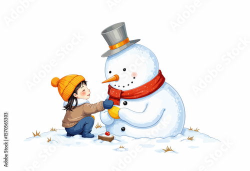 Child building snowman with carrots and buttons in winter scene  