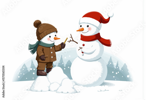 Child building snowman in winter with hat and scarf outdoors  