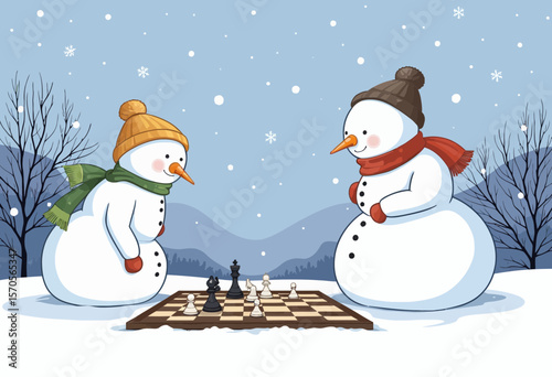 Snowmen playing chess in snowy winter landscape with trees  
