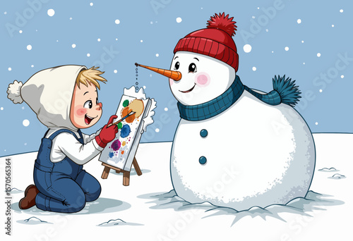 Young boy painting a snowman while playing in the snow  