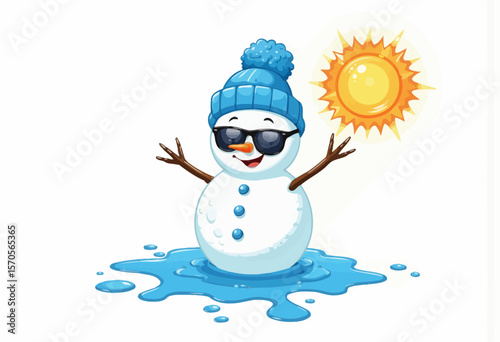 Cartoon snowman melting under sun with hat and sunglasses  
