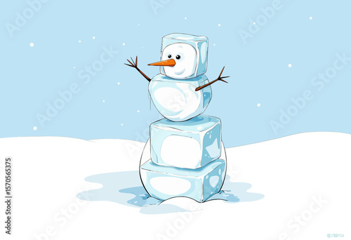 Cartoon snowman made of ice cubes with arms on snowy background  