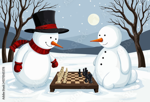 Snowmen playing chess in winter landscape under the moonlight  