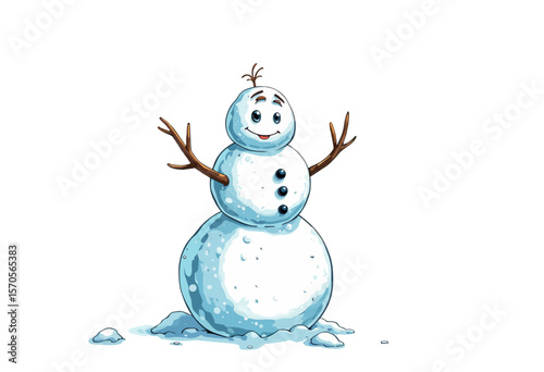 Cute snowman smiling with branches as arms on white background  