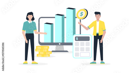 Finance Team Creating Quarterly Financial Reports, flat vector illustration