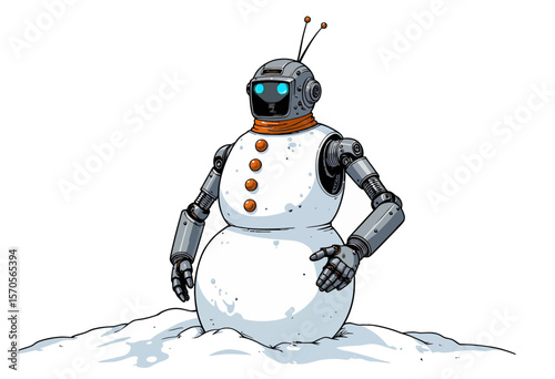Robot snowman standing in snow with metal arms and antennas  