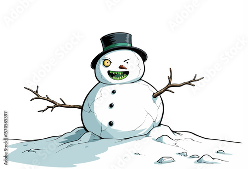 Cartoon snowman with a mischievous grin wearing a top hat  