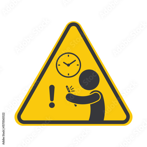 Isolated caution sign to reduce mobile phone screen time, with clock and phone icon, promoting digital wellbeing and eye health awareness guidance.