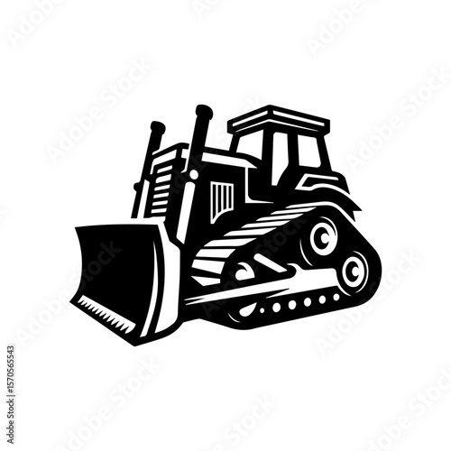 Black and white graphic illustration of a bulldozer with tracks and a large front blade.