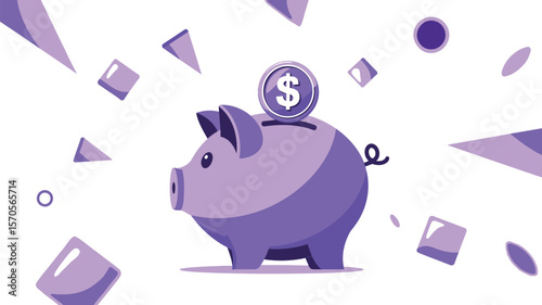 Purple piggy bank with dollar coin and geometric shapes floating on a white background illustration