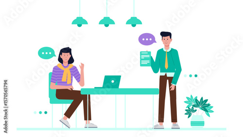 Freelancer negotiating contract terms with client, flat vector illustration