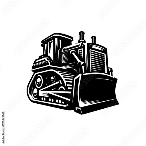 A bold, stylized, black and white illustration of a bulldozer with prominent tracks and a large blade.