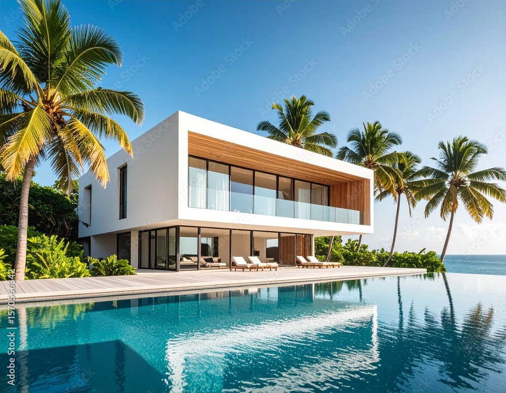 Fototapeta premium minimalist vacation home with pool palm trees. Minimalist concept of summer holiday, tropical escape