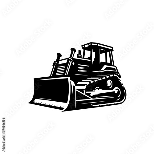 Powerful black and white bulldozer illustration, heavy machinery, construction equipment, industrial design.