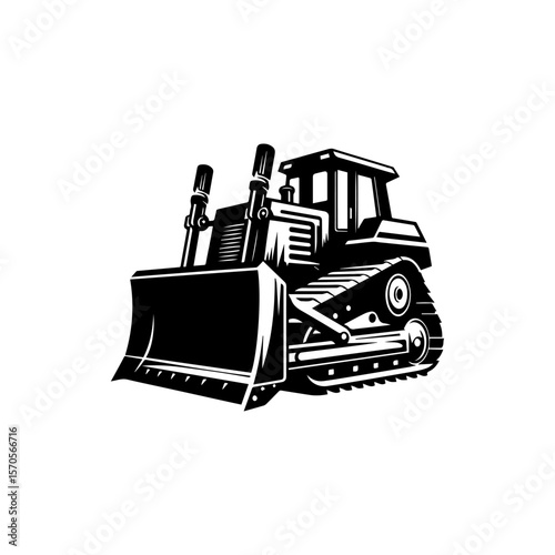 Powerful bulldozer, black and white illustration, heavy machinery, construction equipment.