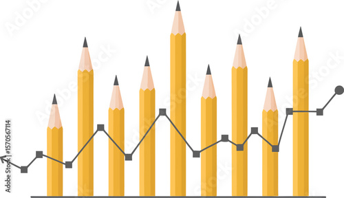 Pencil chart showing growth with yellow pencils and black line on a light gradient background