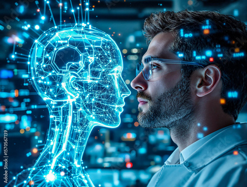 Man interacting with a digital representation of a human brain, symbolizing AI
