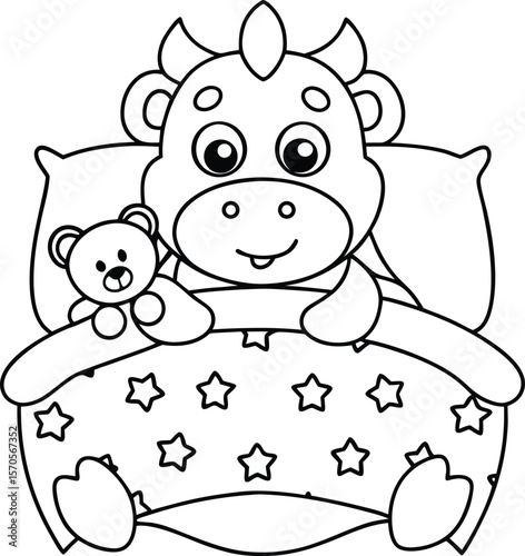 Cute cartoon cow with teddy bear in bed pillow blanket