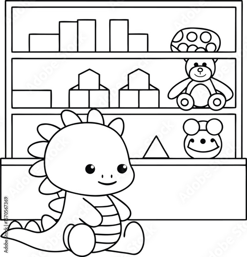 Cute dinosaur teddy bear and toys on shelves blocks