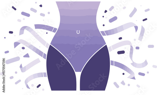 Illustration of a woman's torso and hips with purple tones and abstract shapes around the figure