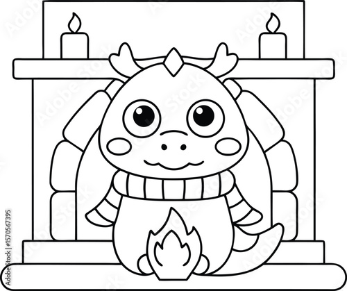 Cute dragon character wearing scarf in front of fireplace with candles cartoon