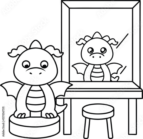 Cute dragon looking in mirror at vanity with stool vector