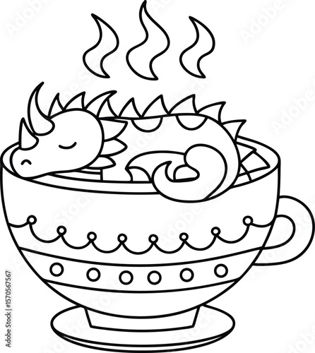 Cute dragon sleeping in a teacup with steam fantasy