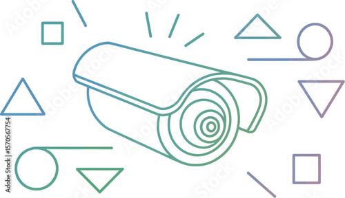 Illustration of a security camera with geometric shapes in a light blue and green color scheme
