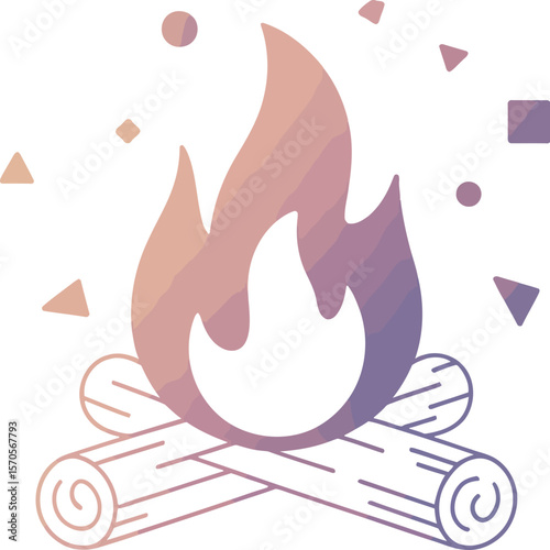 Illustration of a campfire with logs and a colorful flame on a white background with shapes around it