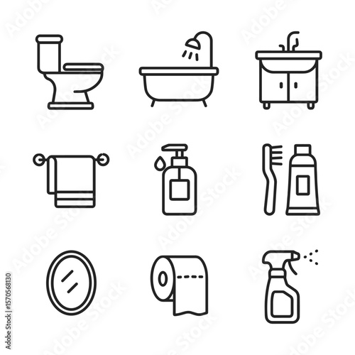 Shower and bath hygiene icon set. Outline symbols. Line design