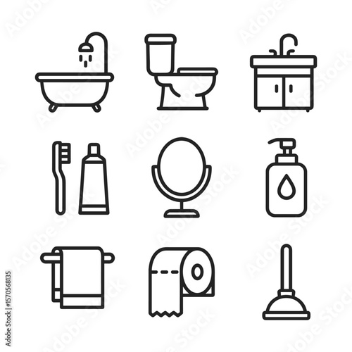 Toilet and plumbing fixtures icon set. Outline symbols. Line design