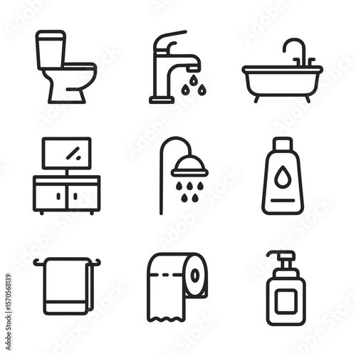 Bathroom fixtures and accessories icon set. Outline symbols. Line design
