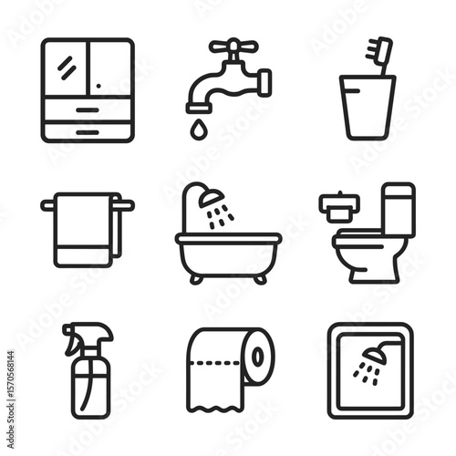 Modern bathroom icons with sanitary fixtures and accessories. Outline symbols. Line design