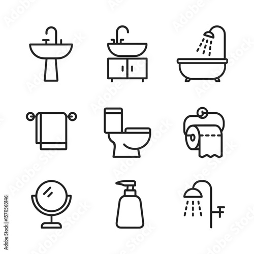 Washroom sanitary equipment icon set. Outline symbols. Line design