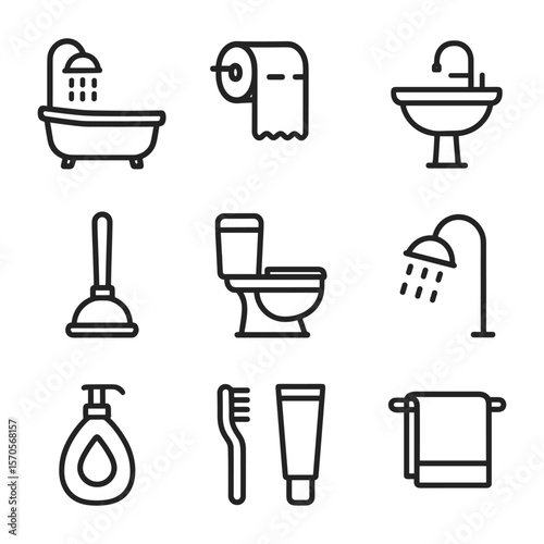 Restroom facilities and amenities icon set. Outline symbols. Line design