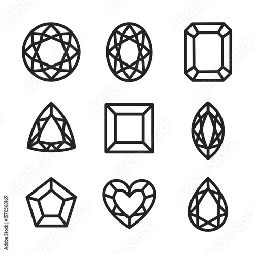 Precious gemstone icons with various crystal shapes. Outline symbols. Line design