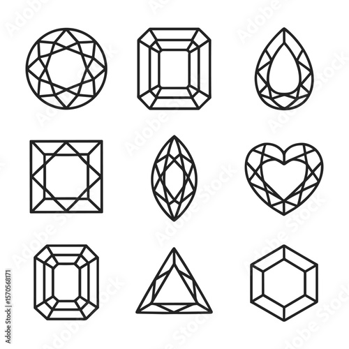 Jewelry gemstone icons with diamond and crystal symbols. Outline symbols. Line design