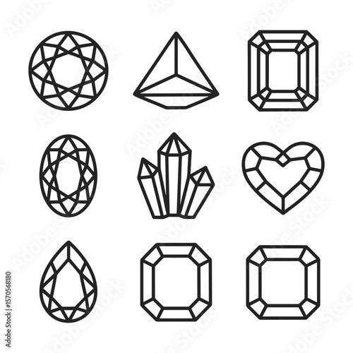 Brilliant gemstone icons with cut diamond and jewel shapes. Outline symbols. Line design