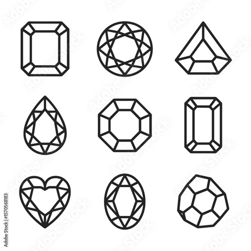 Gemstones icon set with various precious mineral designs. Outline symbols. Line design