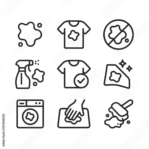 Laundry stain removal icons collection. Outline symbols. Line design