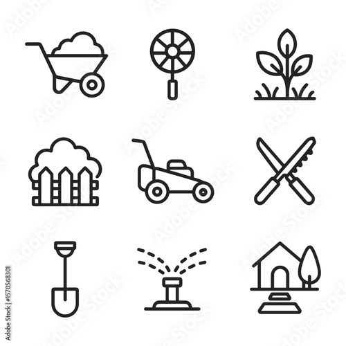 Garden maintenance icon collection. Outline symbols. Line design