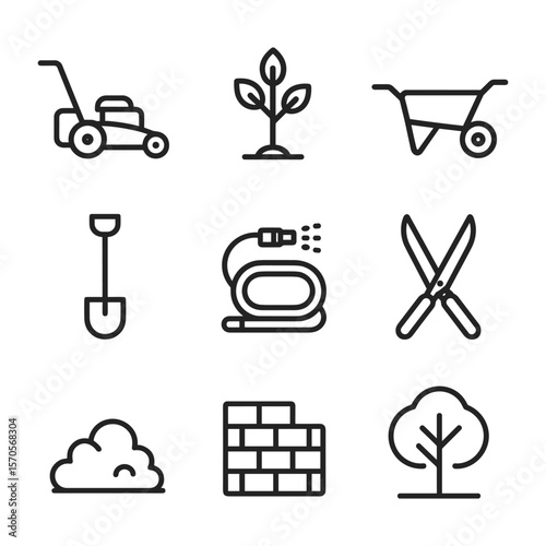 Lawn care landscaping icon set. Outline symbols. Line design