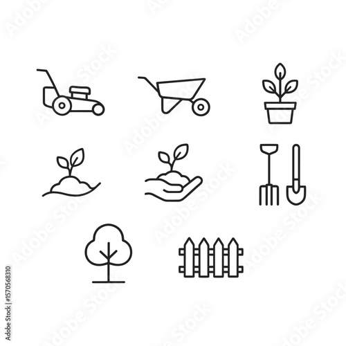 Landscaping and gardening icon collection. Outline symbols. Line design